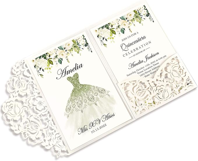 DORIS HOME 50Pcs Personalized Laser Cut Quinceanera Invitations, Ivory | 4.7"x7.1", Customized Quince Invitations, For 15th Birthday, Sweet 16, With Envelopes