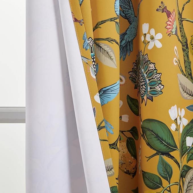 Topfinel Kitchen Curtains 45 Inch Length Mustard Yellow Vintage Blackout Curtains for Cafe Kitchen, Short Grommet Luxury Whimsical Floral Hummingbird Patterned 45 Inches Long for Living Room Bedroom
