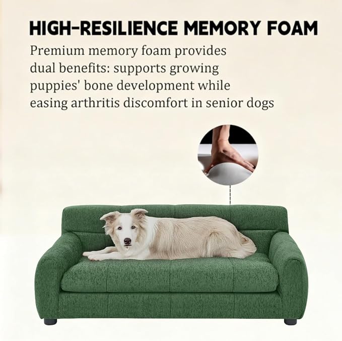 Dog Couch Bed, 38" Sofa for Dogs with Backrest and Armrest, Durable Pet Sofa with Soft Foam Cushion, Elevated Dog Couch Bed with Legs for Medium Dogs, Emerald Green