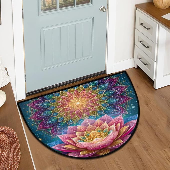 Lotus Half Round Door Mat Non Slip Half Circle Rugs | Mandala Color Washable Half Moon Rug Semi Circle Rugs Indoor Entrance Floor Carpet for Kithen Bedroom Fireplace Decor