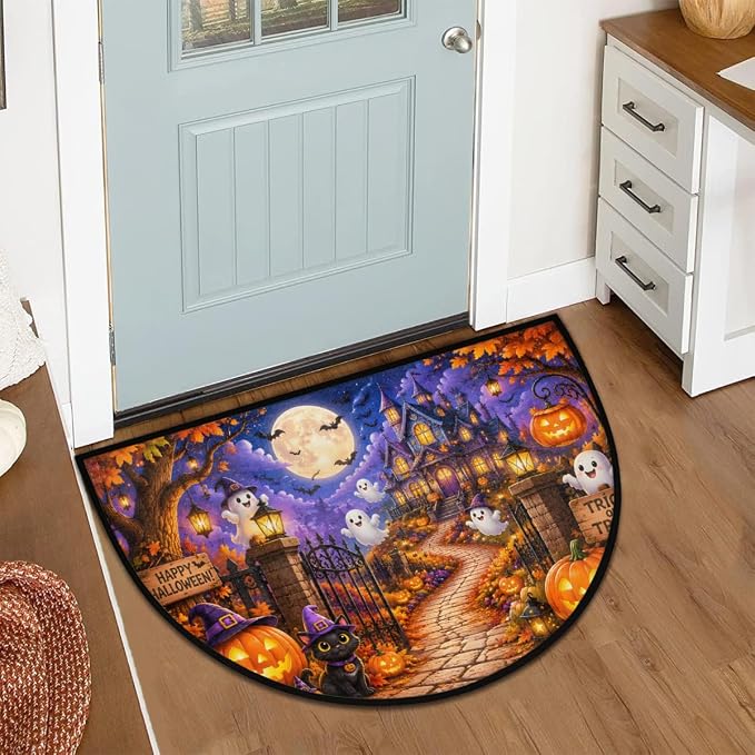 Halloween Half Round Door Mat Welcome Entrance Mat Bath Bathroom Rug B2 | Halloween Ghosts Welcome Entrance Mat Anti-Slip Half Moon Bath Mat Semi Circle Rug Indoor Outdoor Kitchen Rug