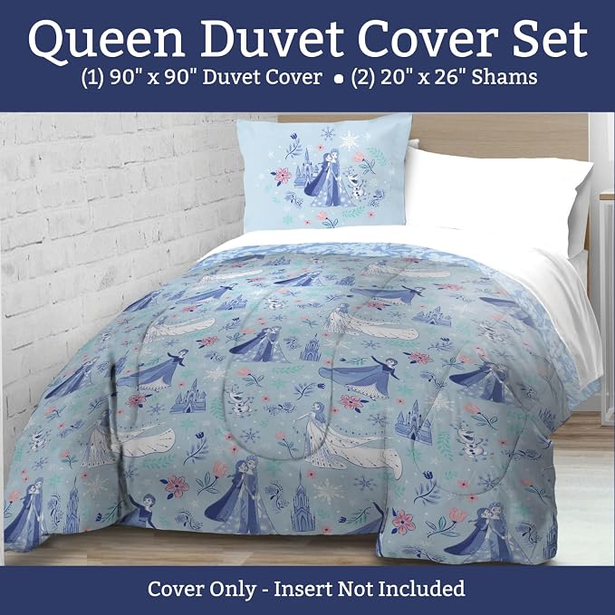 Jay Franco Kids Duvet Cover Set with Sham & Pillowcase – Ultra-Soft Bedding for Room Decor, Cover ONLY Comforter NOT Included, Blue - Frozen, 3 Piece Queen