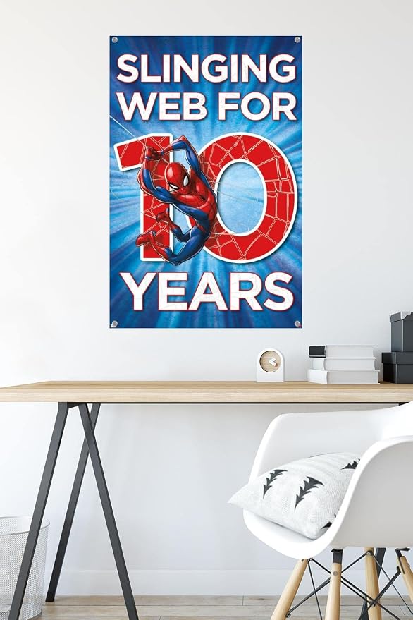 Trends International Marvel Spider-Man - Happy 10th Birthday Wall Poster, 22.37" x 34.00", Premium Poster & Push Pin Bundle