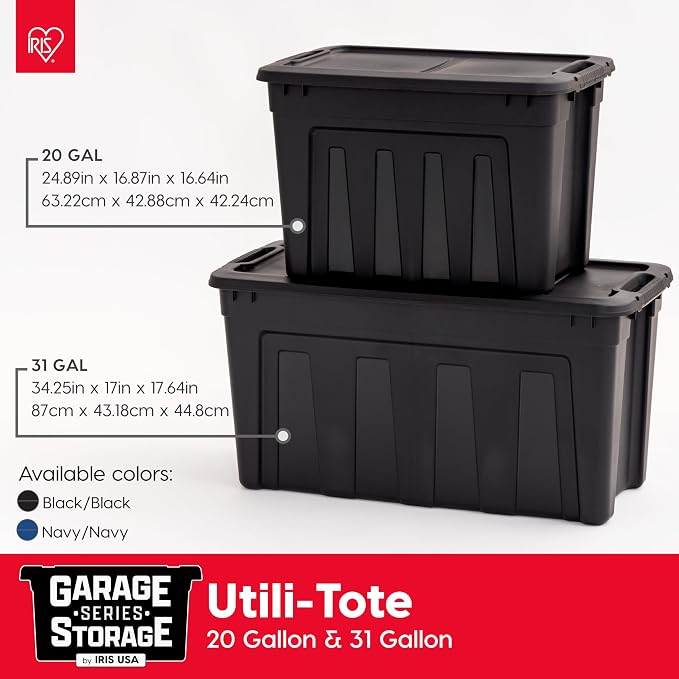 IRIS USA 4-Pack 20 Gal Heavy Duty Storage Totes with Lids, Black | Heavy-duty design with easy-grip handles for comfortable carrying, Great for tools, garage organization, camping gear