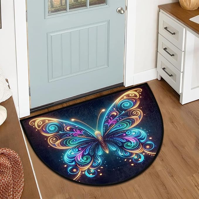 Pardick Half Round Doormat Glowing Animals Butterfly Semi Circle Rug Non Slip Indoor Outdoor Entrance Half Moon Rug Washable Front Floor Mat for Kitchen Bathroom Patio Fireplace Holiday Decor