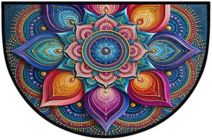 Mandala Half Round Door Mat Semi Moon Rug Fireplace Carpet Area Rugs | Rainbow Lotu Non Slip Absorbent Half Circle Mat Carpet for Indoor Outdoor Patio Kitchen Bathroom Entryway Home Decor
