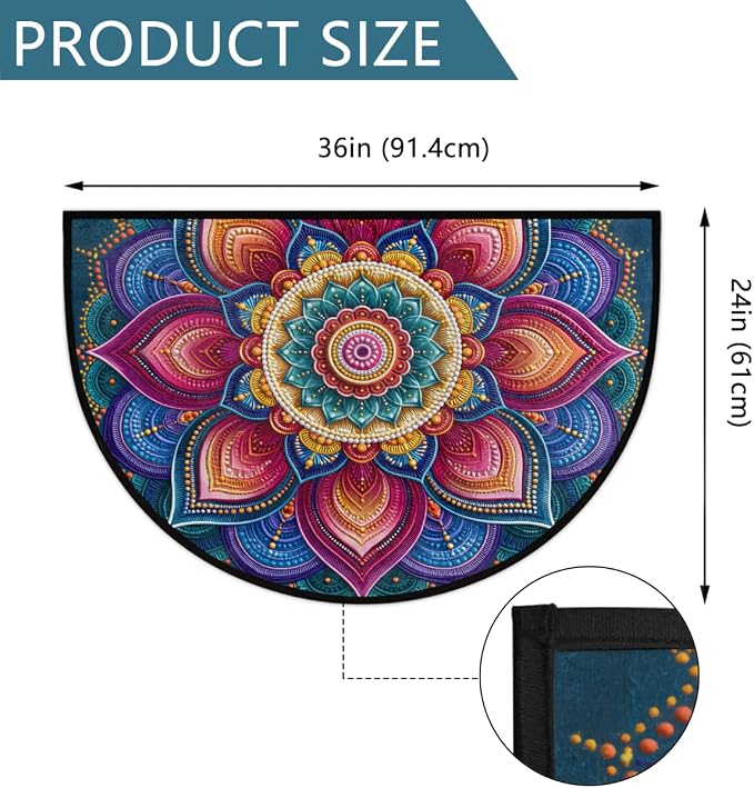 Bohemia Half Round Door Mat Semi Moon Rug Fireplace Carpet Area Rugs | Floral Neon Non Slip Absorbent Half Circle Mat Carpet for Indoor Outdoor Patio Kitchen Bathroom Entryway Home Decor