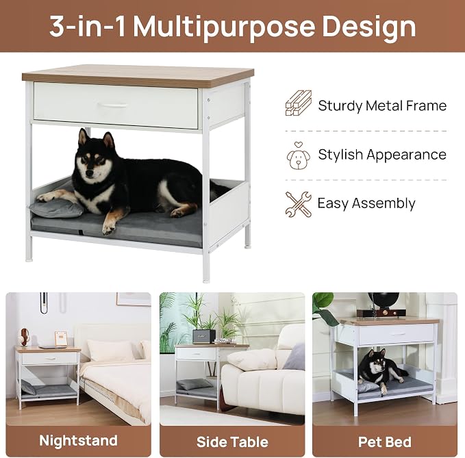 Multi-Functional Dog Bed End Table with Storage Drawer, Open Design Pet Bed with Removable Washable Cushion, Comfortable Resting Spot for Small & Medium Dogs, Indoor Use (White)