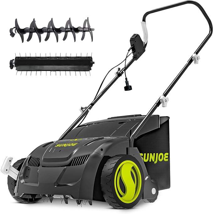 Sun Joe Electric Dethatcher & Scarifier, Corded, with 8-Gal Bag, 12.6-Inch Cutting Width, 12-Amp Motor - Heavy-Duty Yard Trimmer for Lawn Maintenance, AJ801E | 12.6-Inch Cutting Width, 12-Amp Motor - Heavy-Duty Yard Trimmer for Lawn Maintenance