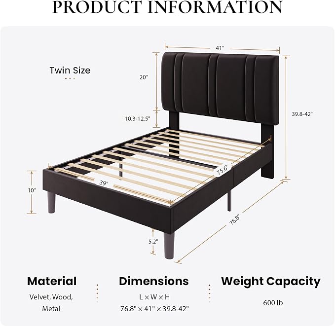 SHA CERLIN Twin Size Velvet Bed Frame with Adjustable Headboard, Black | Vertical Channel Tufted Design, Upholstered Platform Bed, Wood Slats Support/No Box Spring Needed/Easy Assembly