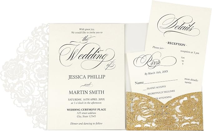 DORIS HOME Laser Cut Wedding Invitation Pockets, Gold Glitter, 5"x7" | 50pcs, With Envelopes, For Wedding & Anniversary, No Inserts Included