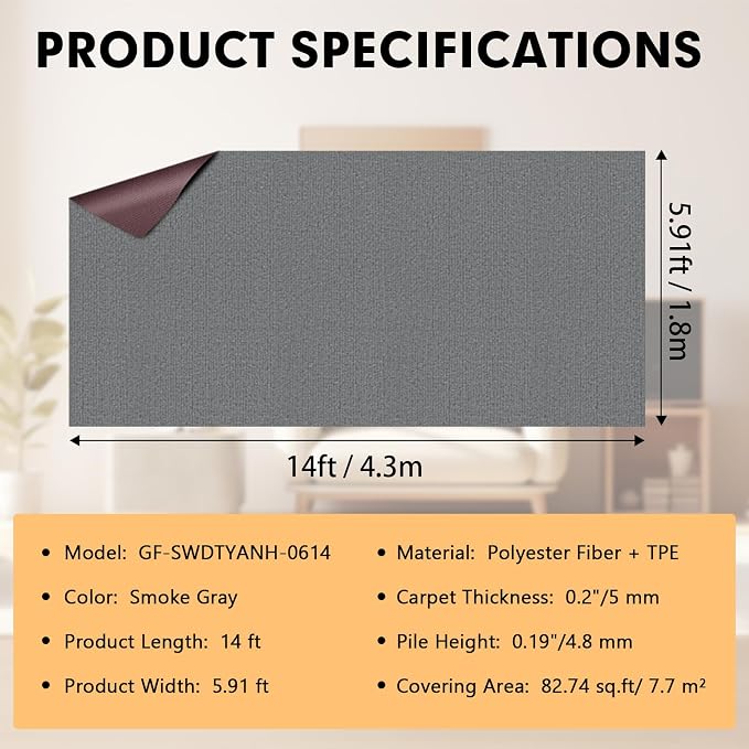 Grefinity Marine Carpet,6 FT x 14 FT Smoke Gray Indoor Outdoor Carpet 0.2" Thick Boat Rug with Water-Proof TPE Backing for Home, Patio, Porch, Deck