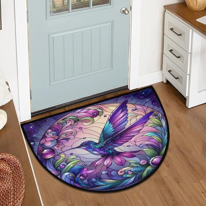 Purple Hummingbird Half Round Door Mat Semi Circle Rug Half Moon Doormat | Purple Hummingbird Soft Washable Welcome Entrance Mat for Outdoor Indoor Floor Bedroom Bathroom Home Kitchen Festival Decor