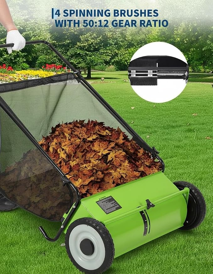 26 Inch Push Lawn Sweeper, 7 Cu.ft Large Capacity Leaf Collector with 4 Spinning Brushes, Adjustable Height Heavy Duty Steel Frame Lawn Sweeper with Rubber Wheels for Yard Garden Grass Leaves Debris