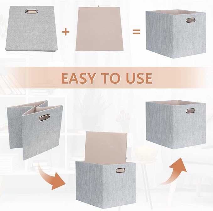 Posprica 13x15x13in Collapsible Storage Bins, Fabric Foldable Cube Storage Boxes, Decorative Storage Baskets Organizer for IKEA Kallax, Shelves, Closet, Clothes, Set of 4-Grey
