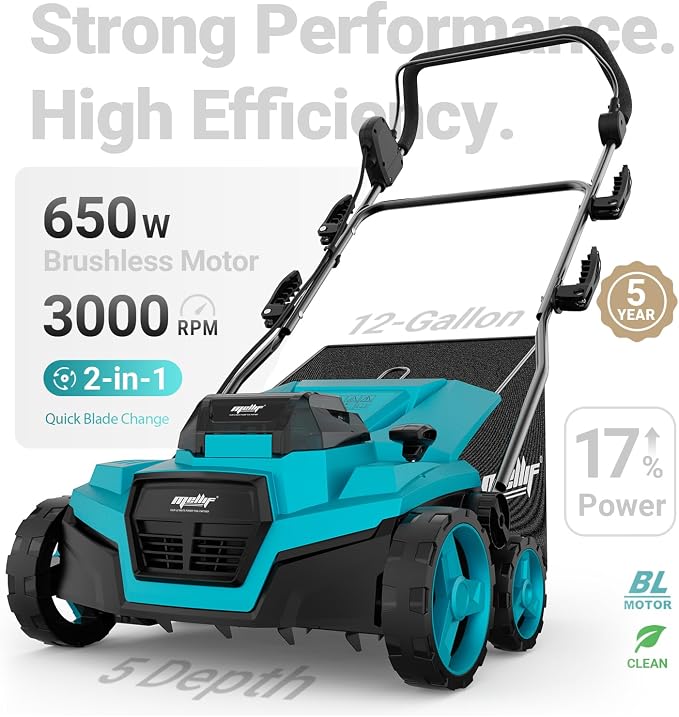 Cordless Lawn Dethatcher and Scarifier Compatible with Makita 18V Battery | Tool Only, 15" Electric Brushless Dethatcher, 36V Dual Battery Powered, Air Boost Technology, 12-Gal Collection Bag, 5 Depths
