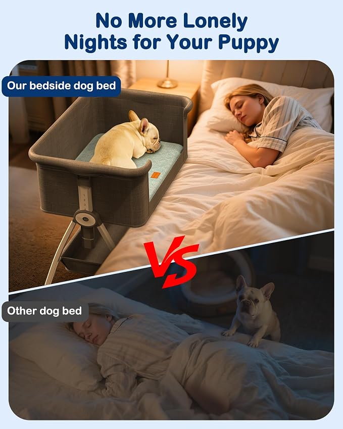 Bedside Dog Bed,6-Height Adjustable Pet Bassinet for Medium & Large Dogs | 6-Height Adjustable Side-Sleeper, Elevated Bed Extension for Humans, Washable Small Dog & Cat Couch with Sides, 30"x21"