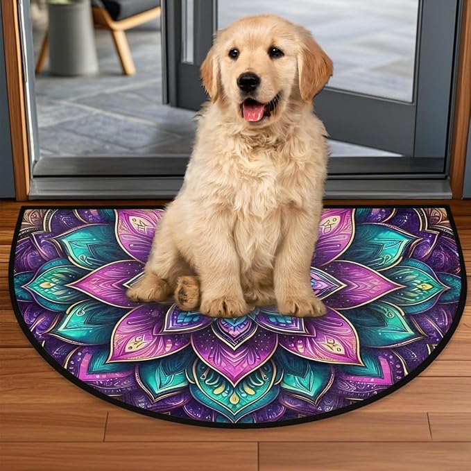 Mandala Flower Boho Color Half Round Door Mat Non-Slip Semi Circle Rug Washable Half Moon Floor Rug Absorbent Bathroom Area Rugs for Outdoor Indoor Fireplace Mat Entryway Kitchen Decor Rugs
