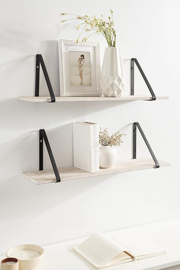 Kate and Laurel Soloman Wooden Floating Wall Shelves; Set of 2; White and Black; Decorative and Functional Floating Shelf for Storage and Display on Wall