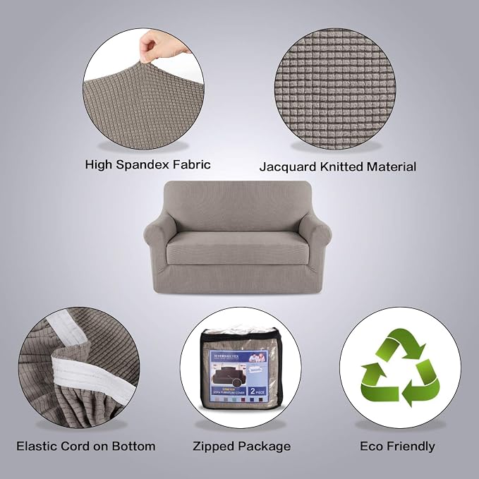 H.VERSAILTEX High Stretch 2-Piece Loveseat Furniture Cover/Slipcover for 2 Cushion Couch Fit Lovesat Width Up to 70 Inch, Suit for T Cushion/Box Cushion (Loveseat, Taupe)