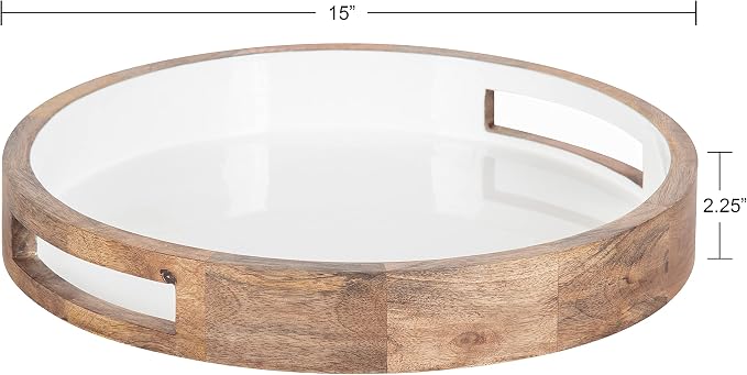 Kate and Laurel Ehrens Boho Wood Tray, 15 Inch Diameter, Natural and White, Round Accent Tray for Transitional Decor