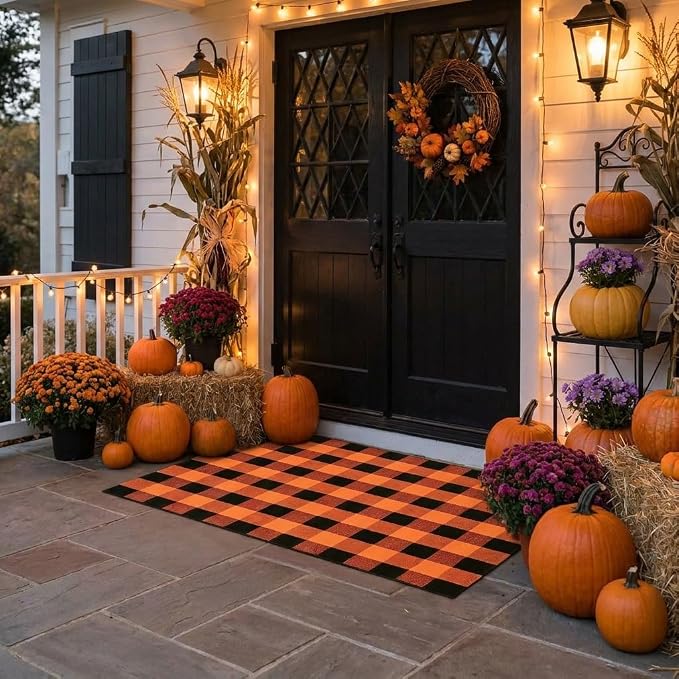 Buffalo Plaid Rug 3' x 5' Orange and Black Front Door Mat Reversible Halloween Doormat Layered Porch Rug Washable Hand Woven Cotton Area Rug for Indoor Outdoor Entryway Patio Porch Decor