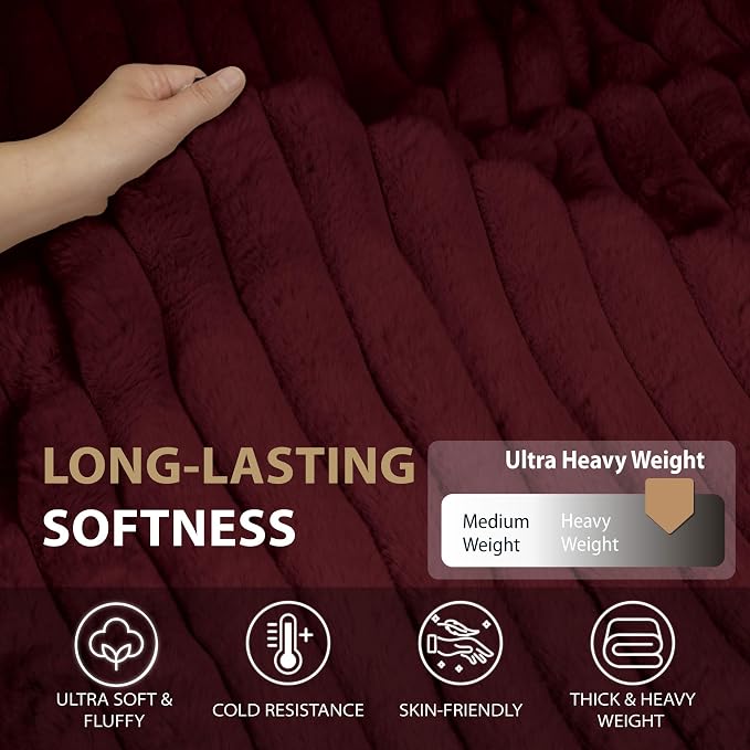 DEZ FURNISHINGS Luxury Reversible Textured Stripe Faux Fur & Velvet Throw Blanket, Throw XL (50" x 70"), Burgundy Red