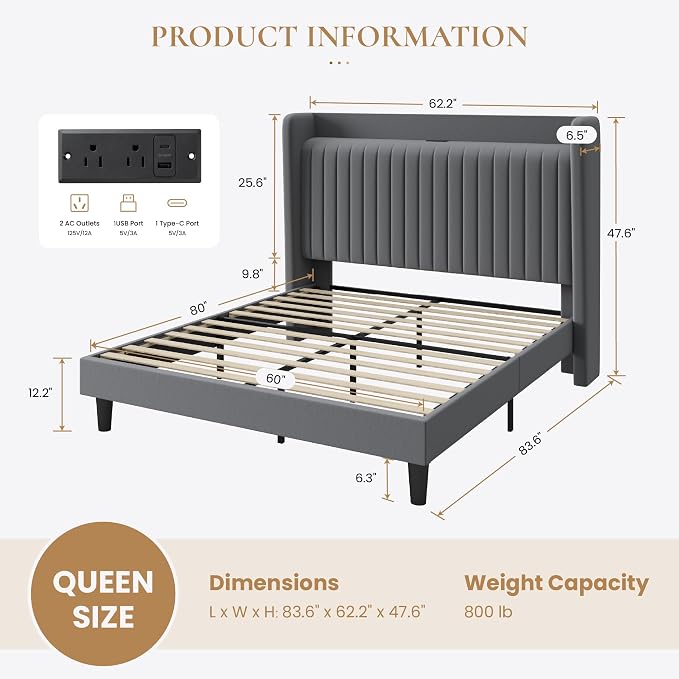 SHA CERLIN Queen Size Velvet Bed Frame with Shelf, Charging Station, Grey | Wingback Storage Headboard, Upholstered Platform Bed, Wooden Slats Support, No Box Spring Needed, Easy Assembly, Noise Free