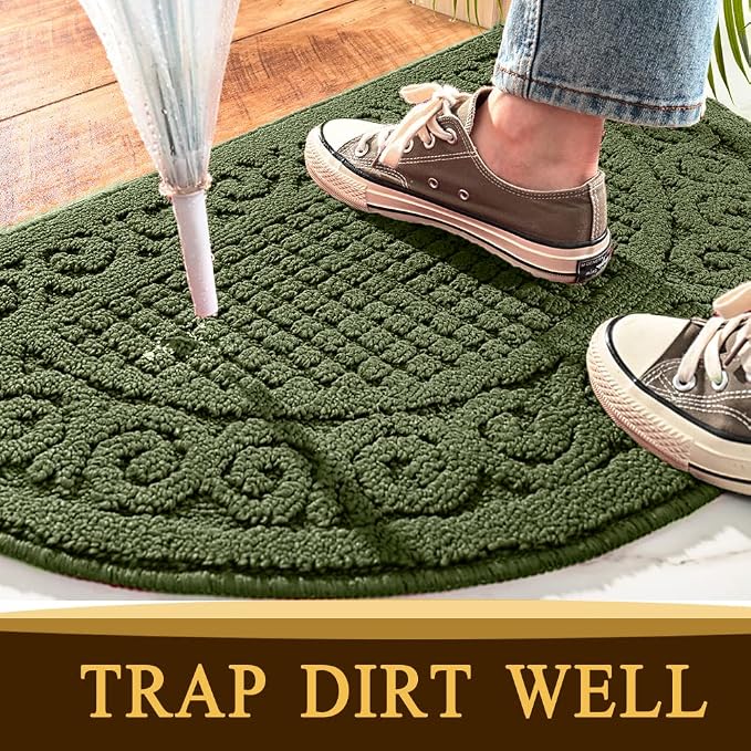 Indoor Door Mat 18"X30",Half Round Non Slip Machine Washable Entryway Rug for Front/Back Door,Half Circle Absorbent Low Profile Entrance Floor Mat for Spring Summer Muddy Wet Shoes and Paws- Green
