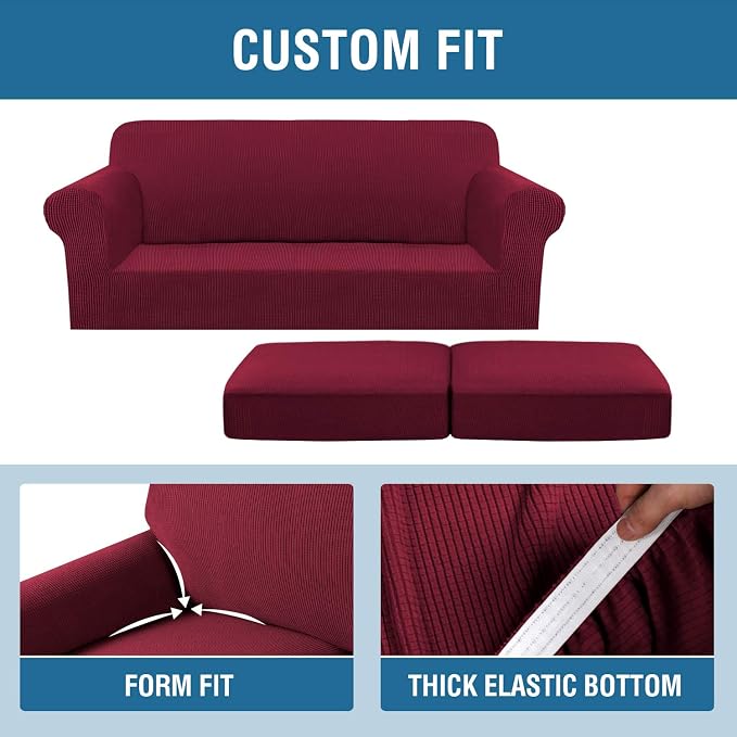 H.VERSAILTEX 3 Piece Stretch Sofa Covers for 2 Cushion Sofa Couch Covers for Living Room Furniture Cover (Base Cover Plus 2 Seat Cushion Covers) Thicker Jacquard Fabric(Large Sofa, Burgundy)