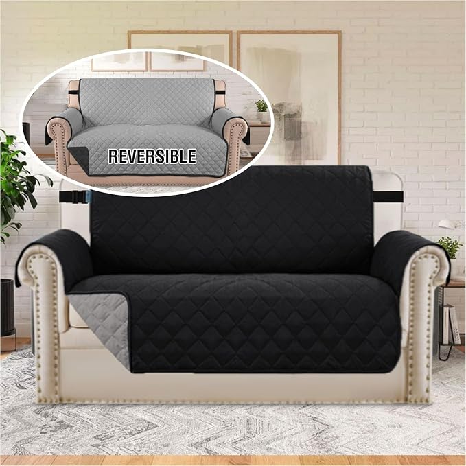 H.VERSAILTEX Reversible Quilted Loveseat Cover Water Resistant Loveseat Slipcover Washable Couch Cover with Non Slip Elastic Strap Furniture Protector for Kids(Oversized Loveseat, Black/Grey)
