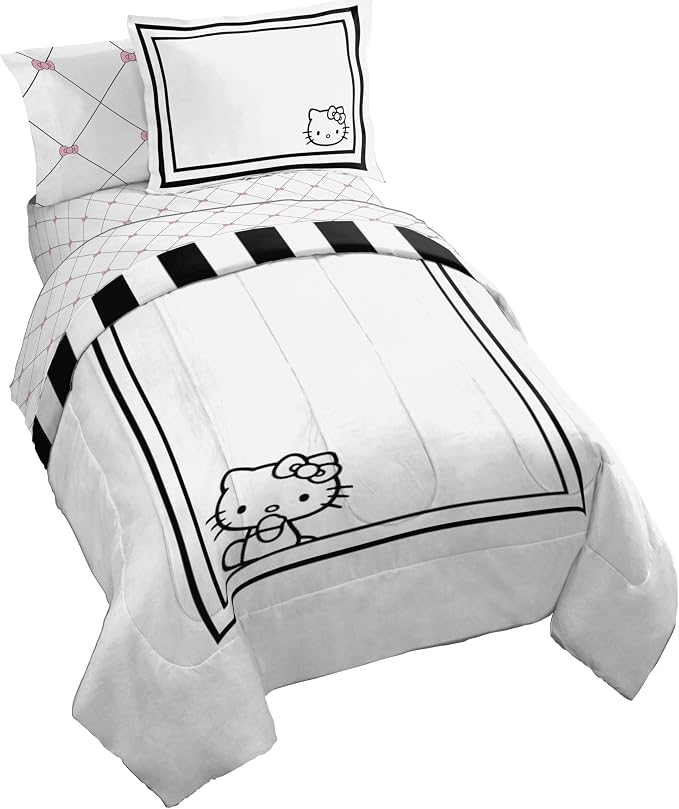 Sanrio Hello Kitty Full Comforter Set 7 Piece Bedding for Girls, White | Bed in a Bag, Comforter Sheets Shams Pillowcases, Official Product, Soft Microfiber, Machine Washable, Girls Gift