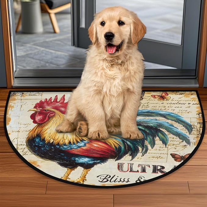 Rooster Animals Half Round Door Mat Non Slip Half Circle Rugs | Retro Art Washable Half Moon Rug Semi Circle Rugs Indoor Entrance Floor Carpet for Kithen Bedroom Fireplace Decor