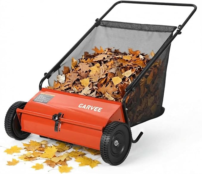 Push Lawn Sweeper 26in,Manual Push Leaf and Grass Sweeper | Heavy Duty Walk-Behind Lawn Sweeper,7ft³Removable Collection Bag,4 Rubber Wheels,Ideal for Garden, Park and Yard