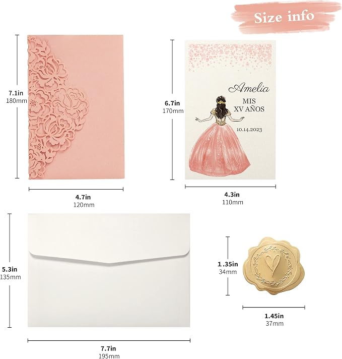 DORIS HOME 50Pcs Personalized Laser Cut Quinceanera Invitations, Pink | 4.7"x7.1", Customized Quince Invitations, For 15th Birthday, Sweet 16, With Envelopes