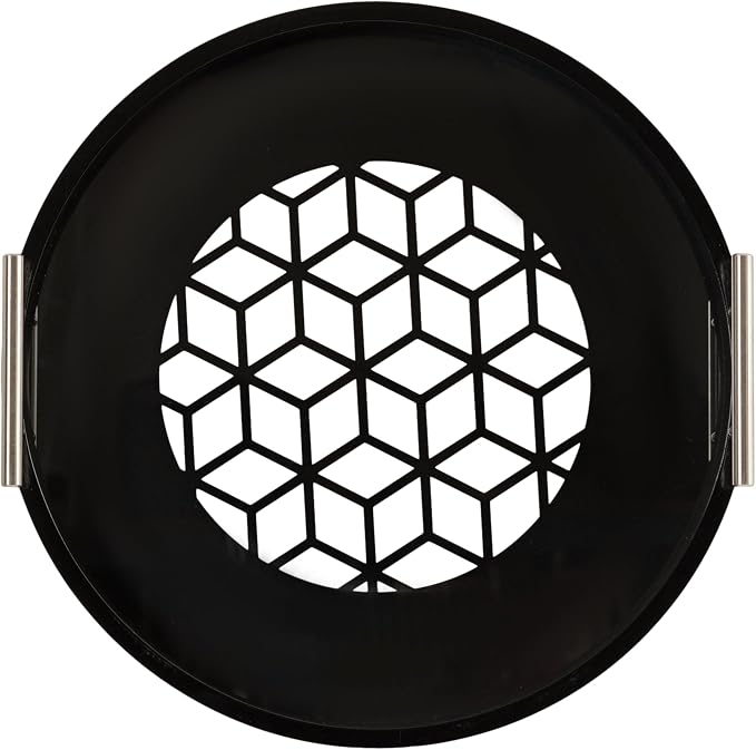 Kate and Laurel Caspen Cut Out Pattern Decorative Round Tray with Silver Metal Handles; 16 x 16; Black and Silver; Modern Glam Serving Tray with Handles for Living Room Decor