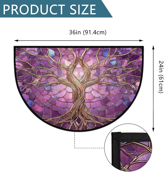 Tree Half Round Door Mat Semi Circle Rug Half Moon Doormat | Soft Washable Mandala Purple Welcome Entrance Mat for Outdoor Indoor Floor Bedroom Bathroom Home Kitchen Festival Decor