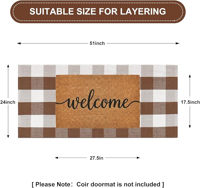 Uphome Bufflo Plaid Outdoor Rug 2'x4.3', Fall Decor Checkered Front Door Mat, Indoor Outdoor Farmhouse Cotton Porch Rug for Layered Door Mats, Washable Brown Carpet Runner for Patio Entryway