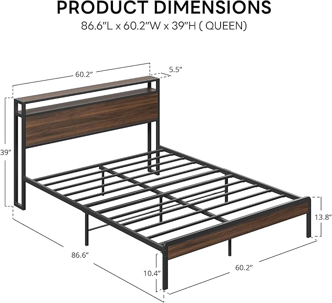 LIKIMIO Queen Bed Frame with 2-Tier Storage Shelf Headboard | Dark Wood Platform Bed, Camas Queen with Strong Metal Supports, Sturdy, Noise-Free, No Box Spring Needed, Dark Walnut