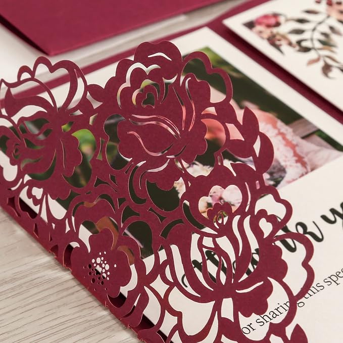DORIS HOME 50Pcs Personalized Laser Cut Wedding Invitations, Burgundy | 4.7"x7.1", Customized Anniversary Invitations, With Envelopes