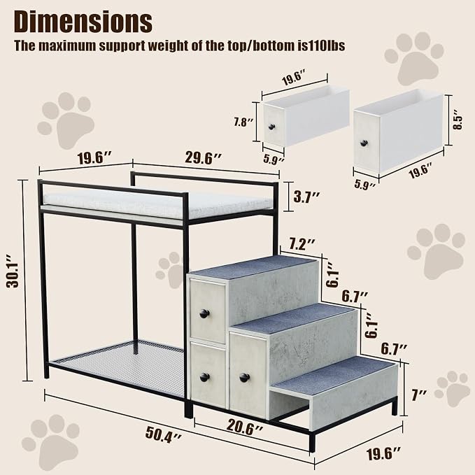 LEMBERI Pet Bunk Bed with Stairs and Storage, Dogs/Cats Window Perch, Bedside Lounge Elevated Dog Bed Multi-Level Platform with Foam Upholstery (Gray)