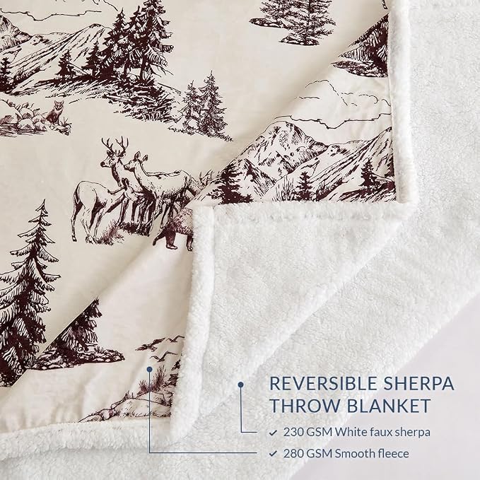Paseo Road Indigo Hill by HiEnd Accents White Pine 54x68 Throw Blanket | Pine Tree Nature Mountain Print with Bear, Deer, and Elk, Western Cabin Lodge Rustic-Style Fleece Blanket for Camping