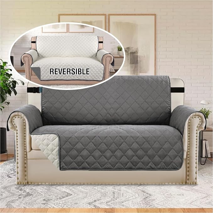 H.VERSAILTEX Reversible Couch Cover for 2 Cushion Couch Water Resistant Loveseat Washable Furniture Cover with Non-Slip Elastic Strap for Dogs, Pets, Kids(Oversized Loveseat, Charcoal Grey)