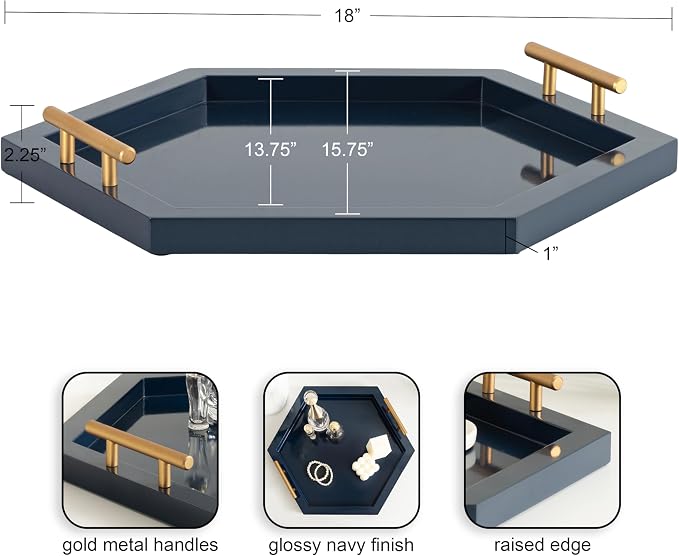 Kate and Laurel Halsey Decorative Hexagon Tray with Gold Metal Handles; 18 x 16; Navy Blue and Gold; Modern Glam Serving Tray with Handles for Living Room Decor