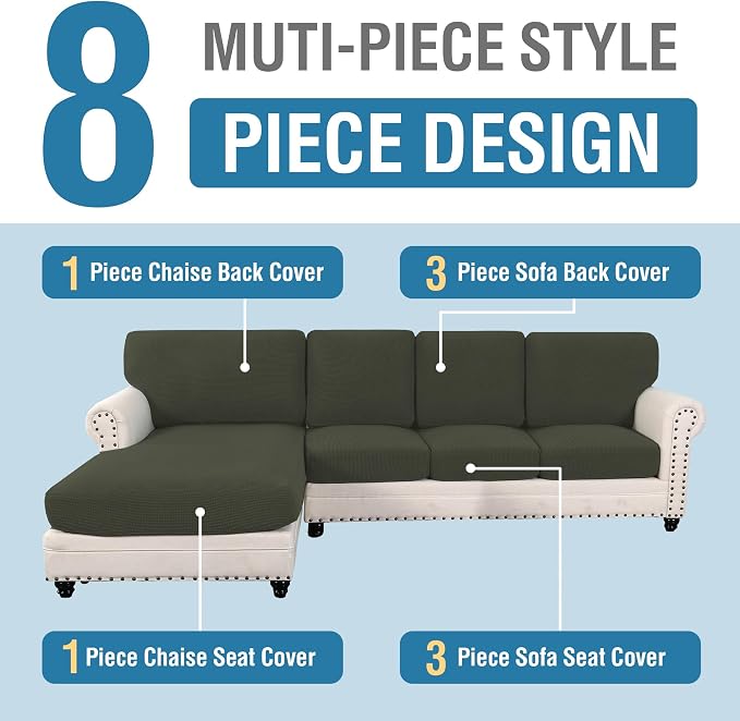 H.VERSAILTEX Sectional Couch Covers 4 Pieces Sofa Seat Cushion Covers L Shape Separate Cushion Couch Chaise Cover for Both Left/Right Sectional Couch (Seat Only: 1 Chaise + 3 Sofa, Olive)
