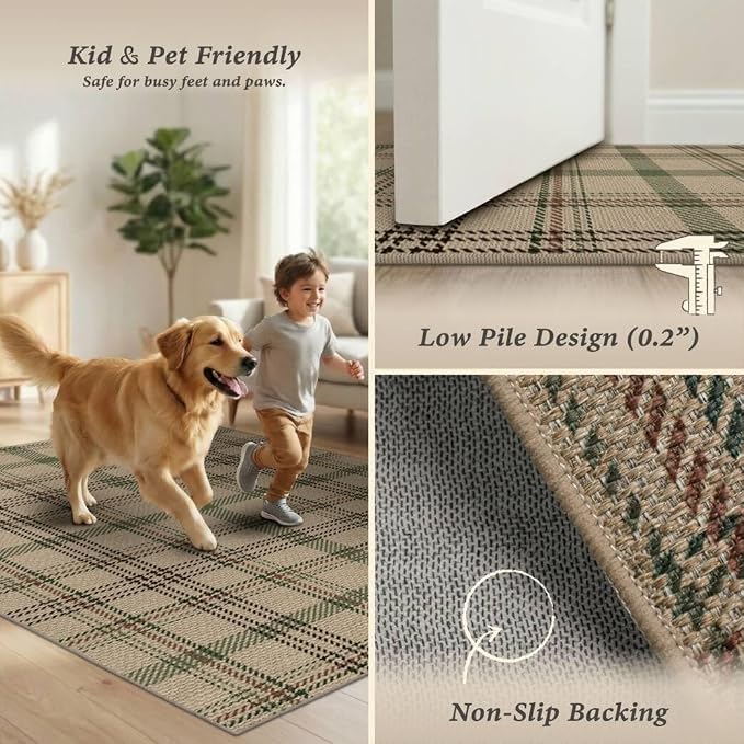 JTJ Plaid Easy Jute 2x6 Runner Rug, Washable Outdoor Runner Rug for Kitchen, Entryway and Front Door, Indoor Outdoor Farmhouse Non Slip Hallway Rug, Green