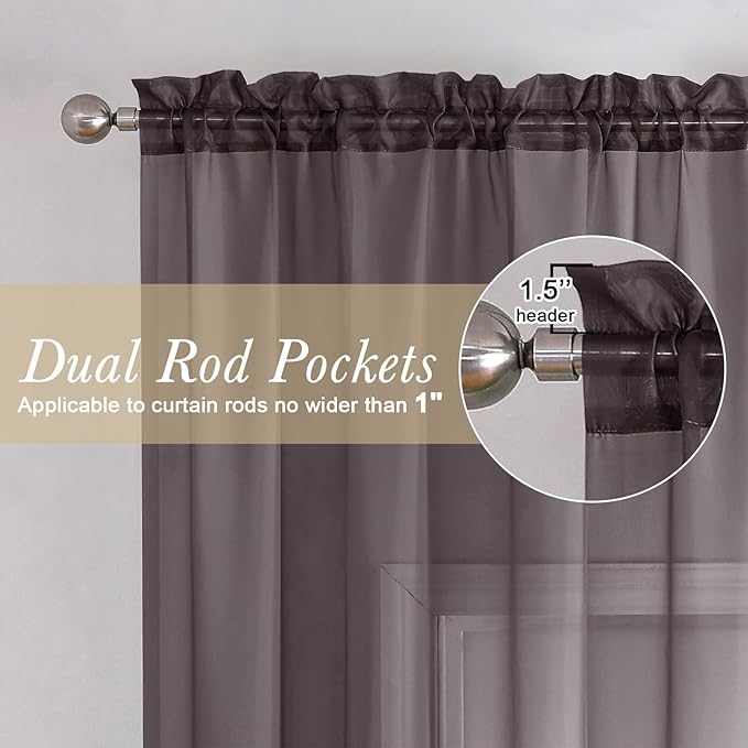 Lecloud Chocolate Sheer Curtains 36 Inch Length 2 Panels, Solid Voile Small - Image 2