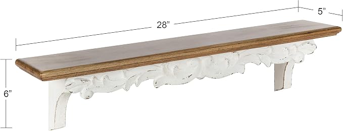 Kate and Laurel Abberly Farmhouse Wall Shelf, 28 x 5 x 6.5, Rustic Brown and White, Rustic Floating Shelf for Wall