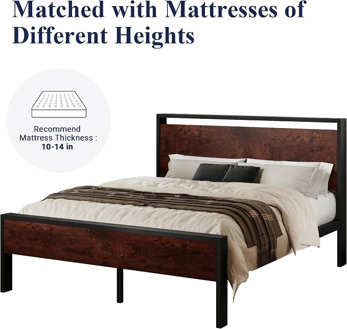 Allewie Queen Size Bed Frame, Heavy Duty 12 Metal Slats Support, Mahogany | Wooden Headboard and Footboard, Modern Platform Bed, No Box Spring Needed, Under-Bed Storage, Noise Free, Easy Assembly