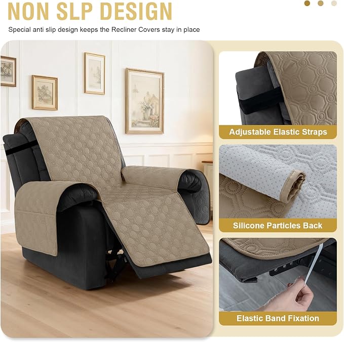 H.VERSAILTEX 100% Waterproof Recliner Chair Covers, Recliner Covers Non-Slip Stay in Place, Thick Cover for Recliner Chair with Pocket, Dog Couch Cover Protector Washable(Taupe, 30")